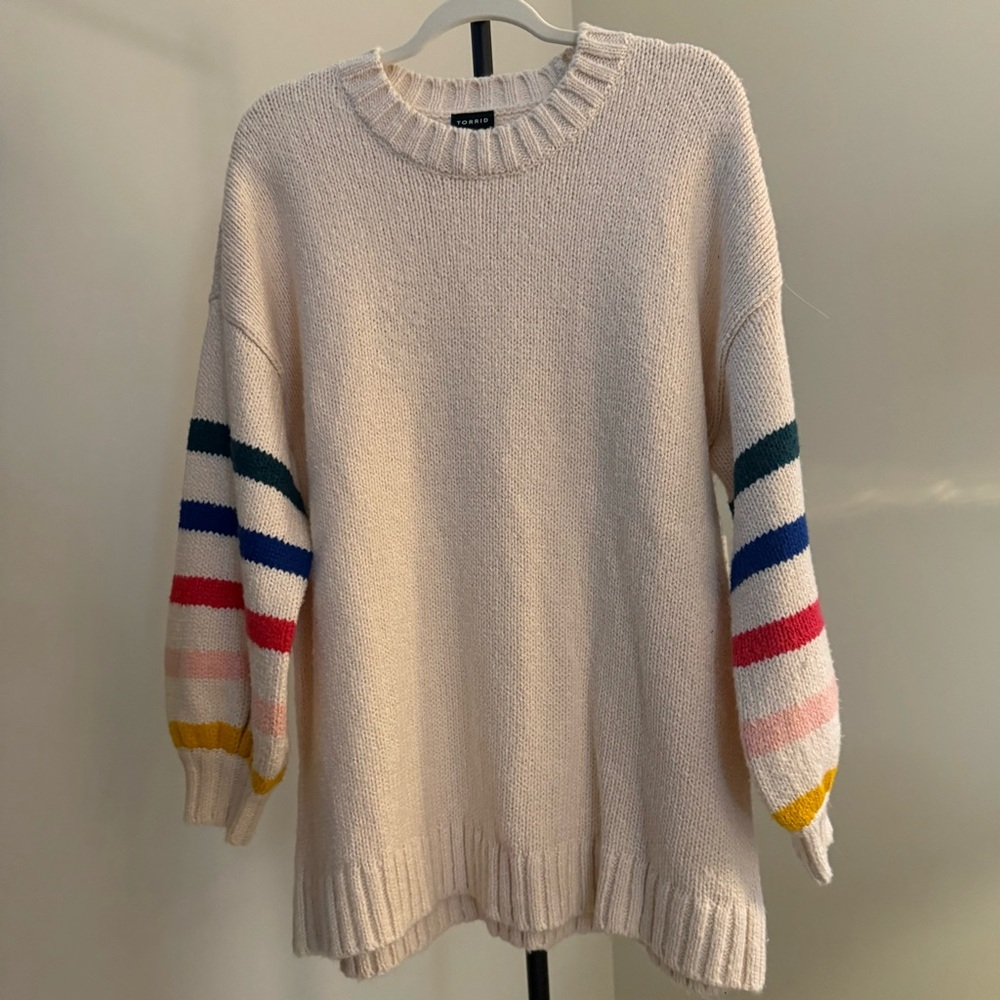 Rainbow Stripe Sleeve Cream Knit Sweater | Anthropologie Inspired Cozy Pullover - Picture 3 of 4